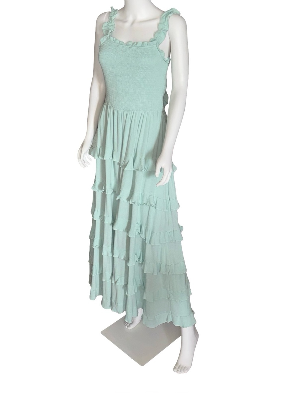 So Me Sage Green Smocked Tiered Ruffle Cottagecore Maxi Dress Medium Coquette